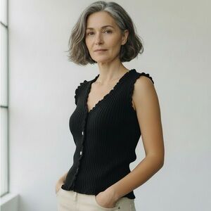 NWT Industry Women's Size SP Black Rib Knit Button Down Ruffled Edge Vest